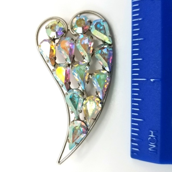 VTG b. david Signed Heart Shaped Silver-tone Brooch Pin Aurora Borealis Stones - Picture 4 of 8
